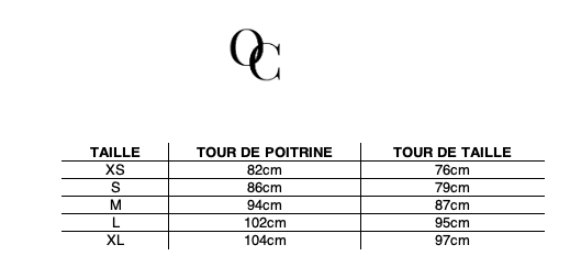 Tableau des tailles pour LA GIACCA CORTA BORDEAUX d’ORNELLA COLICCHIO avec mesures du vêtement pour chaque taille