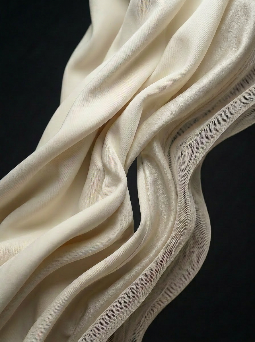 Close-up of IL CARGO TRASPARENTE by ORNELLA COLICCHIO showing the contrast between wool fabric and transparent technical fabric on a black background